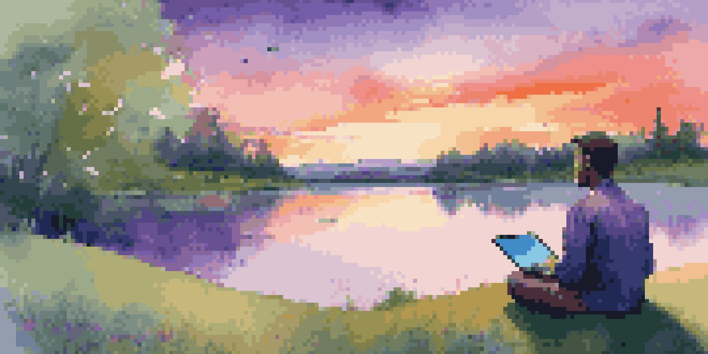 A young investor sitting on a grassy hill, looking at a sunset while using a laptop that displays stock market graphs.