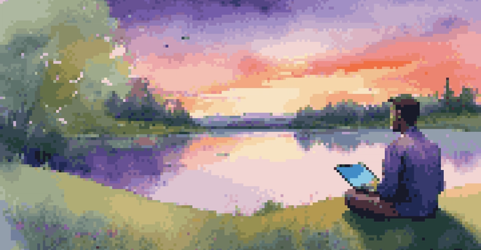 A young investor sitting on a grassy hill, looking at a sunset while using a laptop that displays stock market graphs.