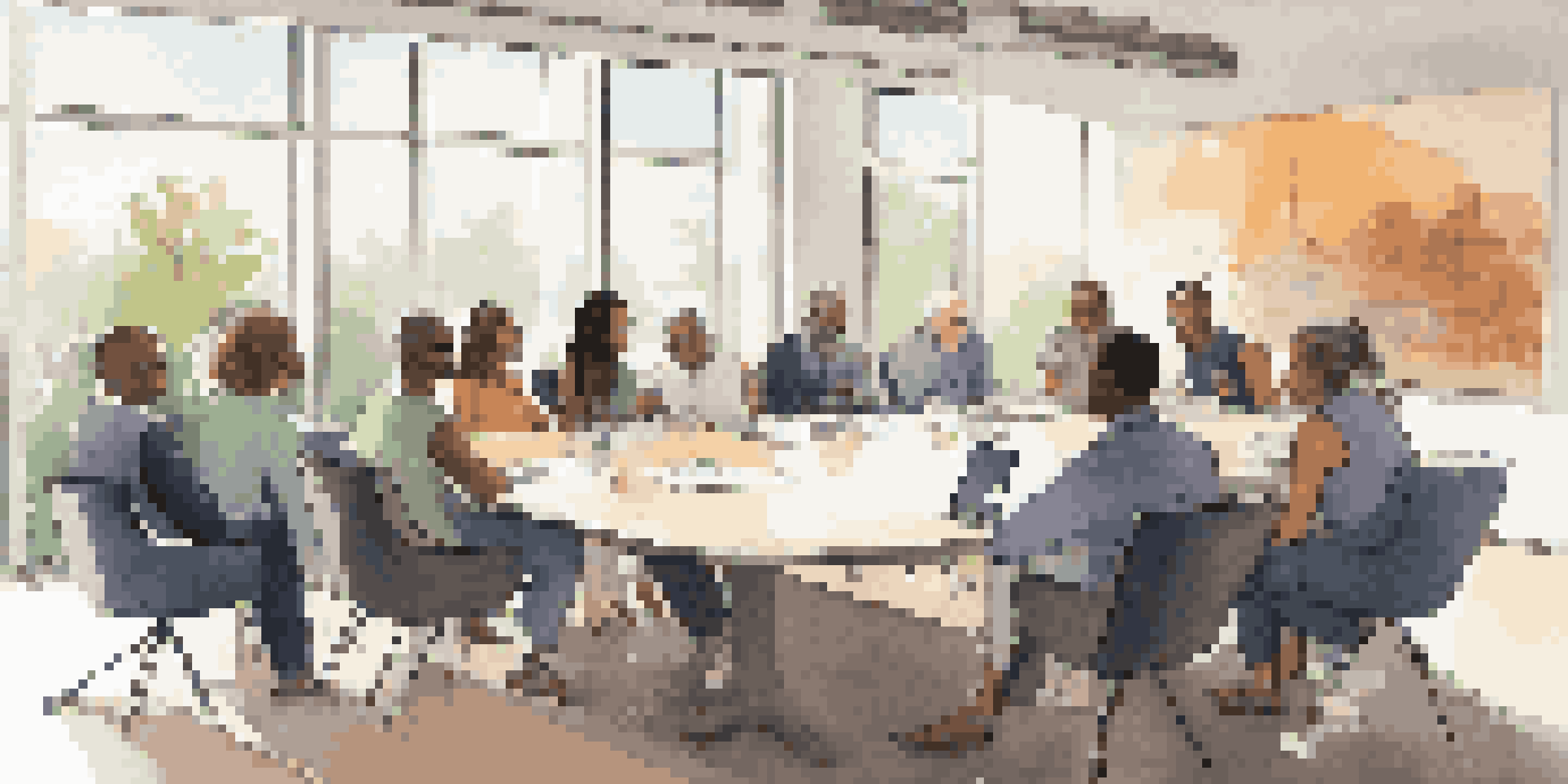 A diverse group of people in a conference room discussing investments, with laptops and notebooks on the table.