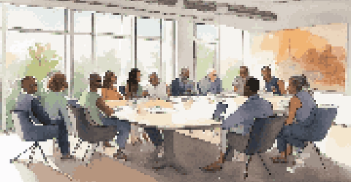 A diverse group of people in a conference room discussing investments, with laptops and notebooks on the table.