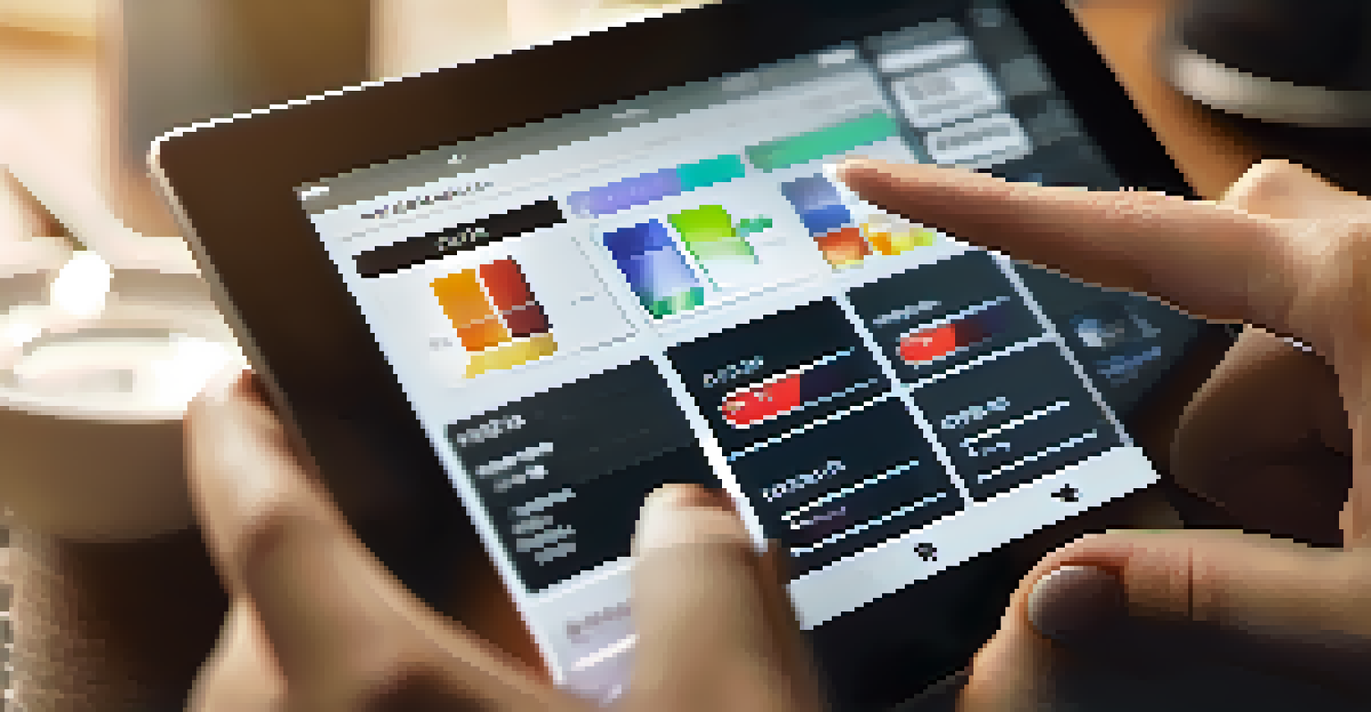 A close-up of hands using a tablet to manage investments, with a financial app interface displayed.