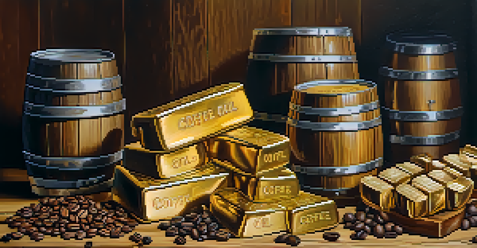 Close-up of gold bars, coffee beans, and oil barrels on a wooden table.