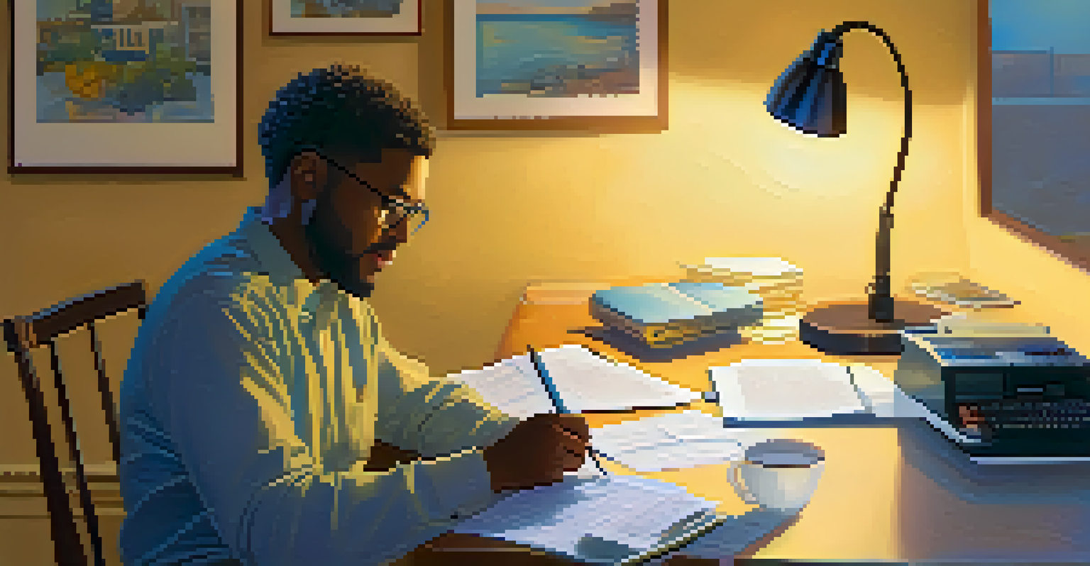 A person creating a budget at a table, surrounded by bills and a calculator, illuminated by a warm lamp.