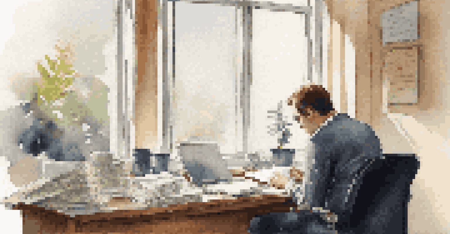 A person in an office looking concerned while examining a printed email about investment returns, with a laptop and coffee cup on the desk.