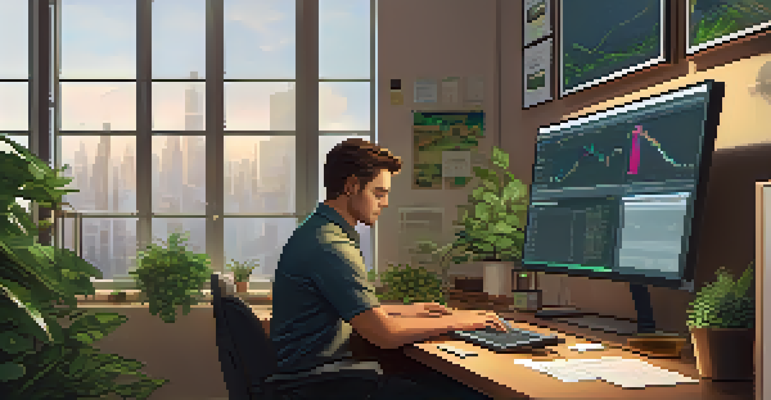 A trader in a peaceful office setting, concentrating on a computer screen with margin trading software, surrounded by plants and warm lighting.