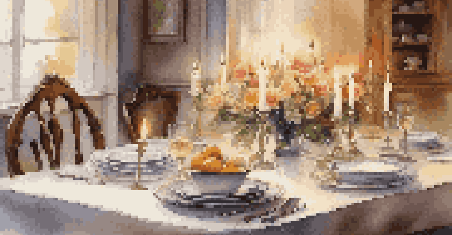 A beautifully set wooden table with elegant dishes and fresh flowers, illuminated by flickering candles.