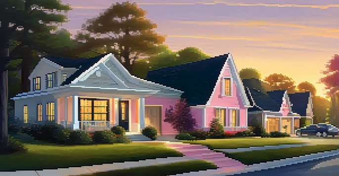 A suburban neighborhood at sunset, featuring a family discussing real estate options with a real estate agent outside their home.