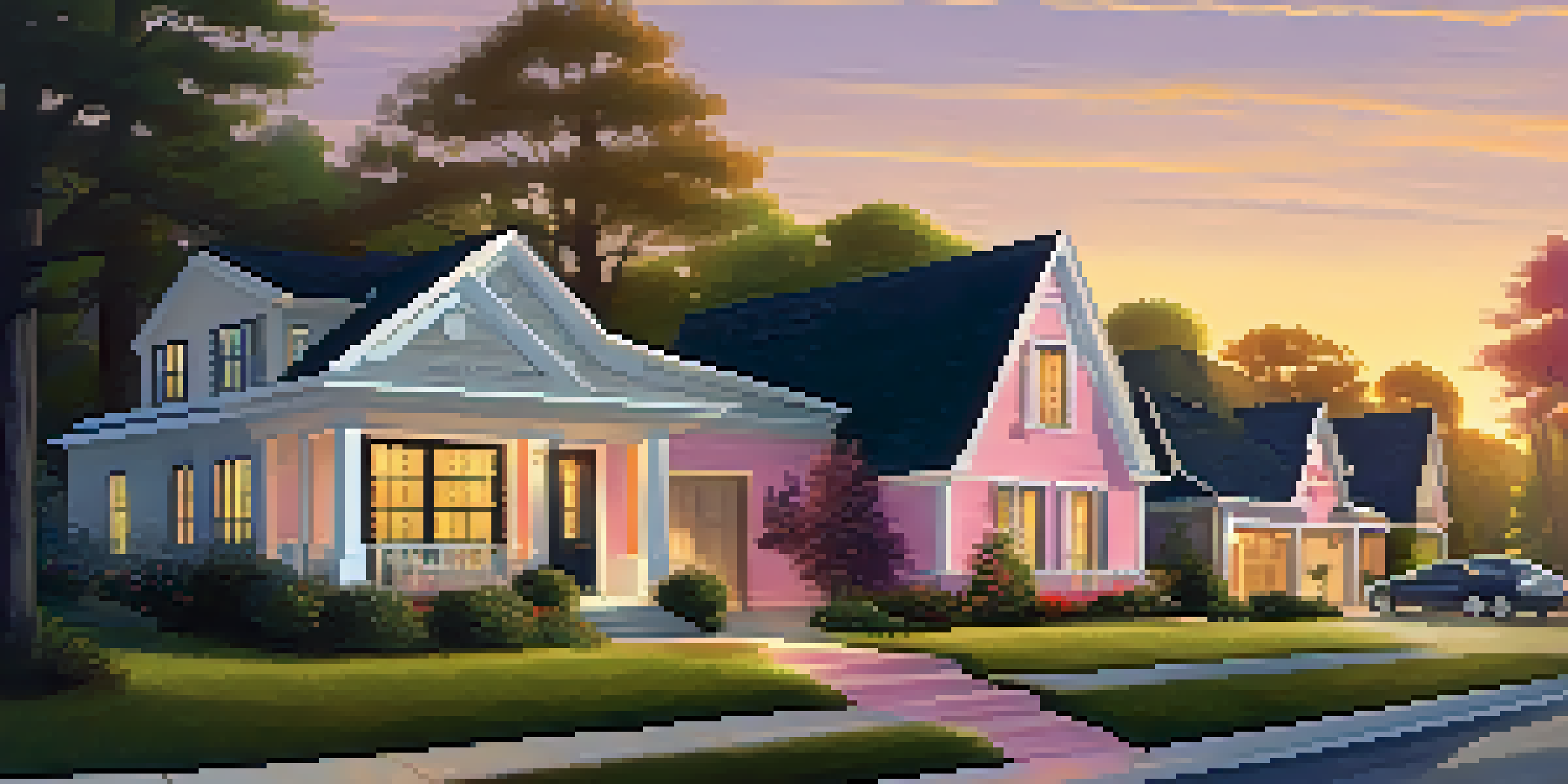 A suburban neighborhood at sunset, featuring a family discussing real estate options with a real estate agent outside their home.