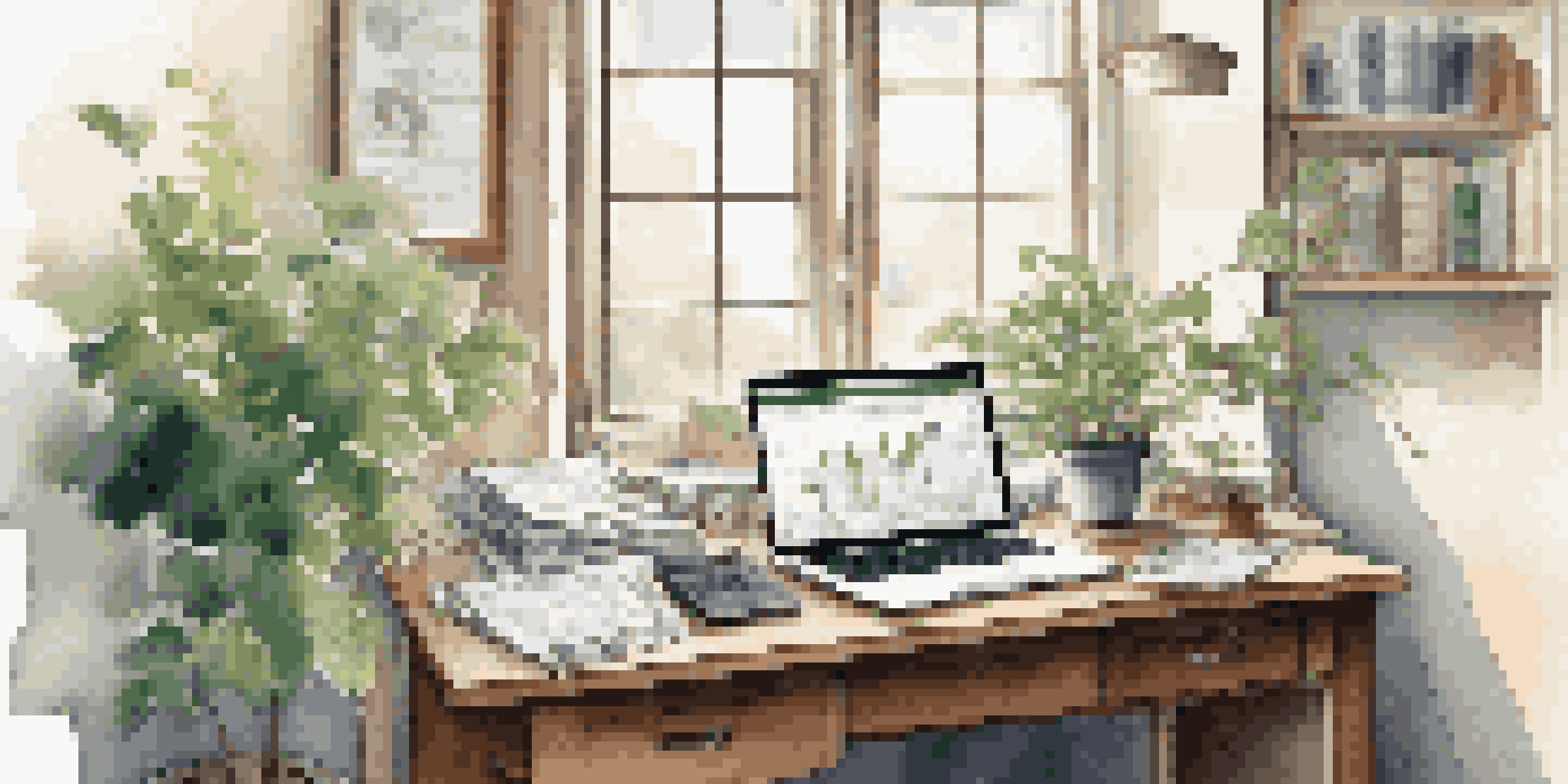 A peaceful office setting featuring a wooden desk with financial documents, a laptop showing graphs, and a green plant, illuminated by soft natural light from a window.