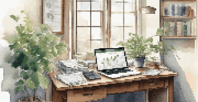 A peaceful office setting featuring a wooden desk with financial documents, a laptop showing graphs, and a green plant, illuminated by soft natural light from a window.