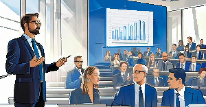 A financial speaker at a podium presenting to an engaged audience in a modern conference hall.