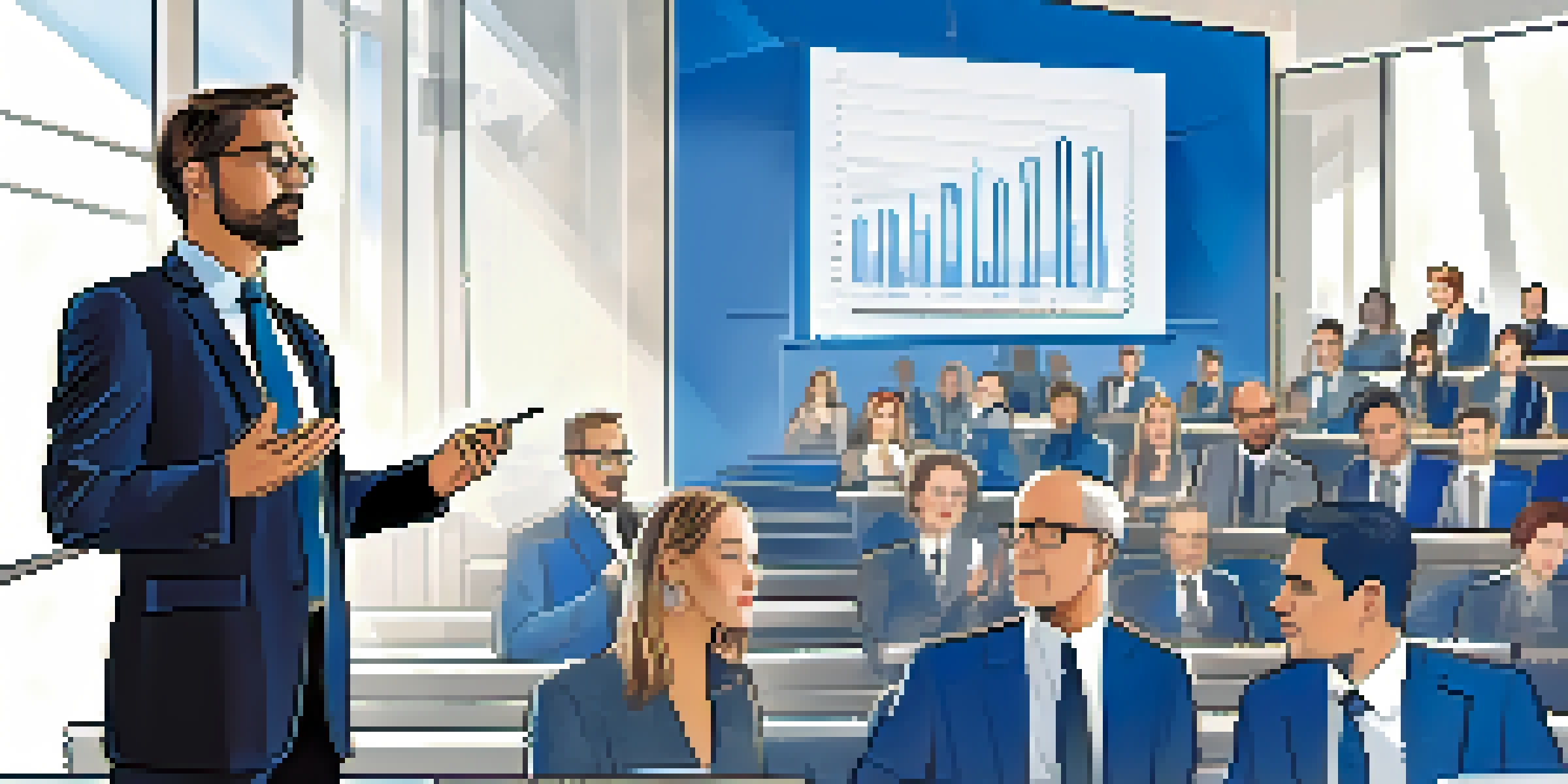 A financial speaker at a podium presenting to an engaged audience in a modern conference hall.