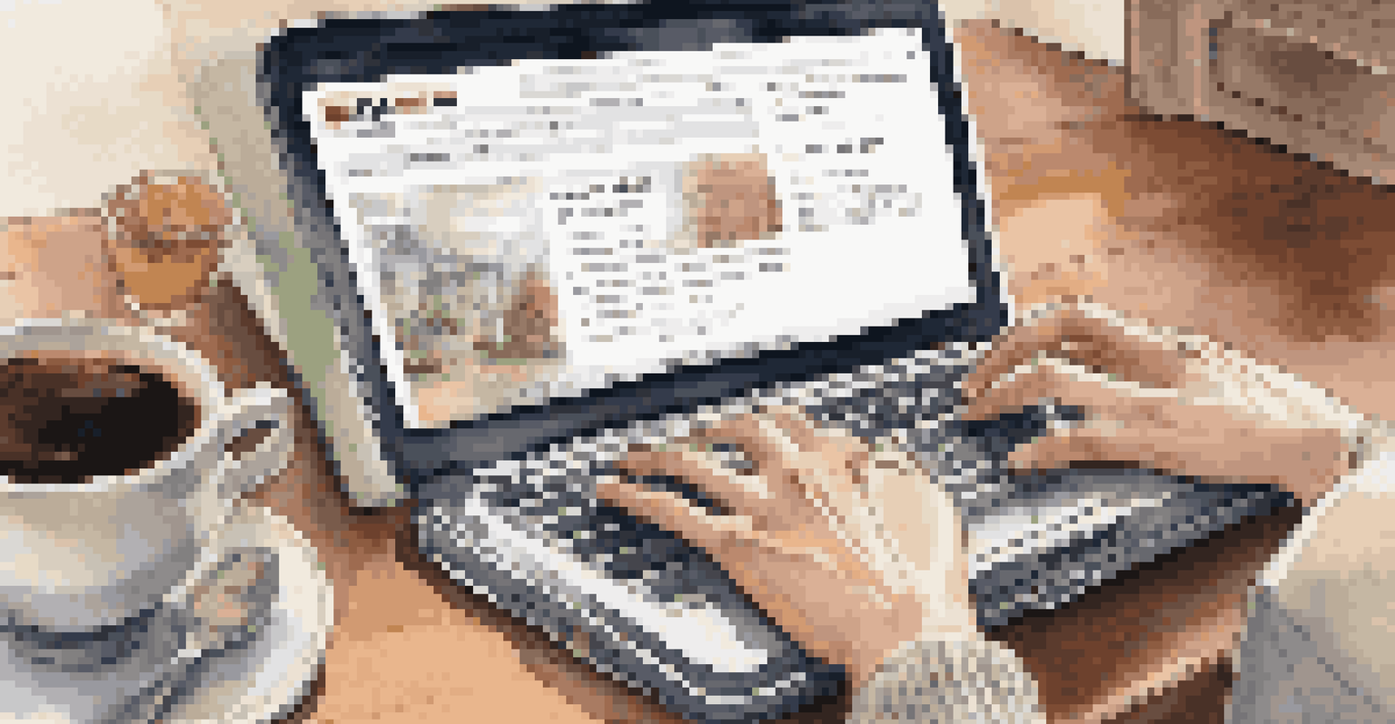 Close-up of hands typing on a laptop with financial news displayed, in a cozy living room setting with a coffee mug and notepad.