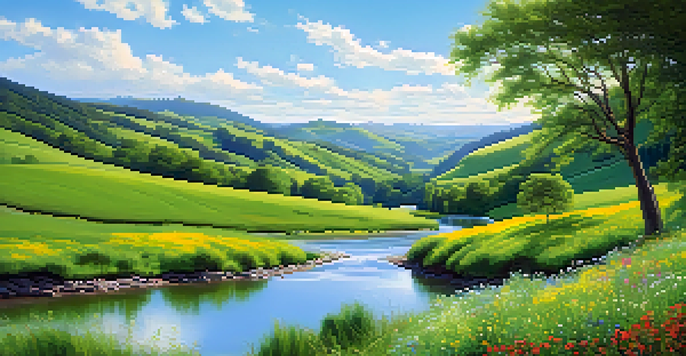 A serene landscape with a green valley, rolling hills, a tranquil river, and blooming wildflowers under a blue sky.