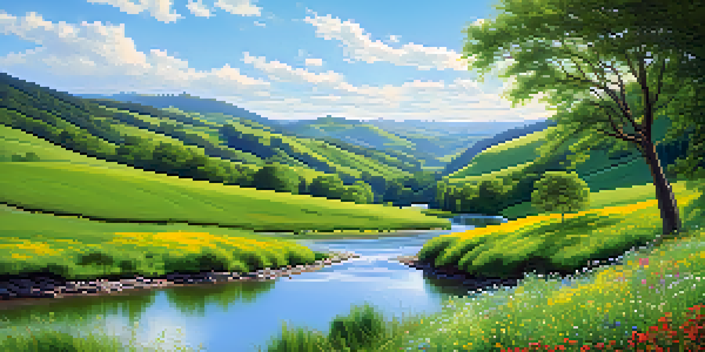 A serene landscape with a green valley, rolling hills, a tranquil river, and blooming wildflowers under a blue sky.