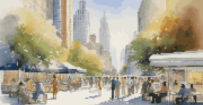 A vibrant city landscape featuring a small business with people discussing investments, surrounded by skyscrapers and a digital billboard displaying stock market trends.