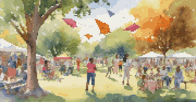 A lively community gathering in a park with families enjoying picnics and children playing.