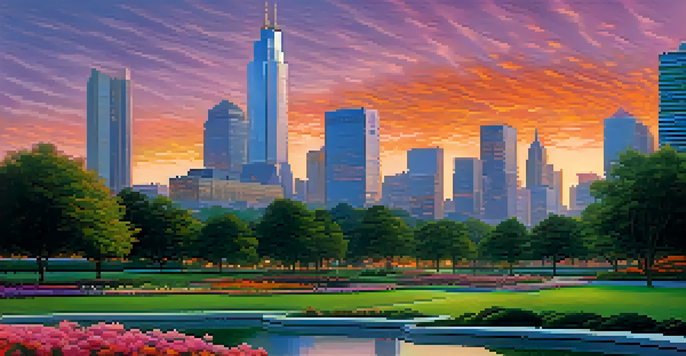 A city skyline at sunset with skyscrapers reflecting vibrant colors and a park in the foreground filled with trees and flowers.