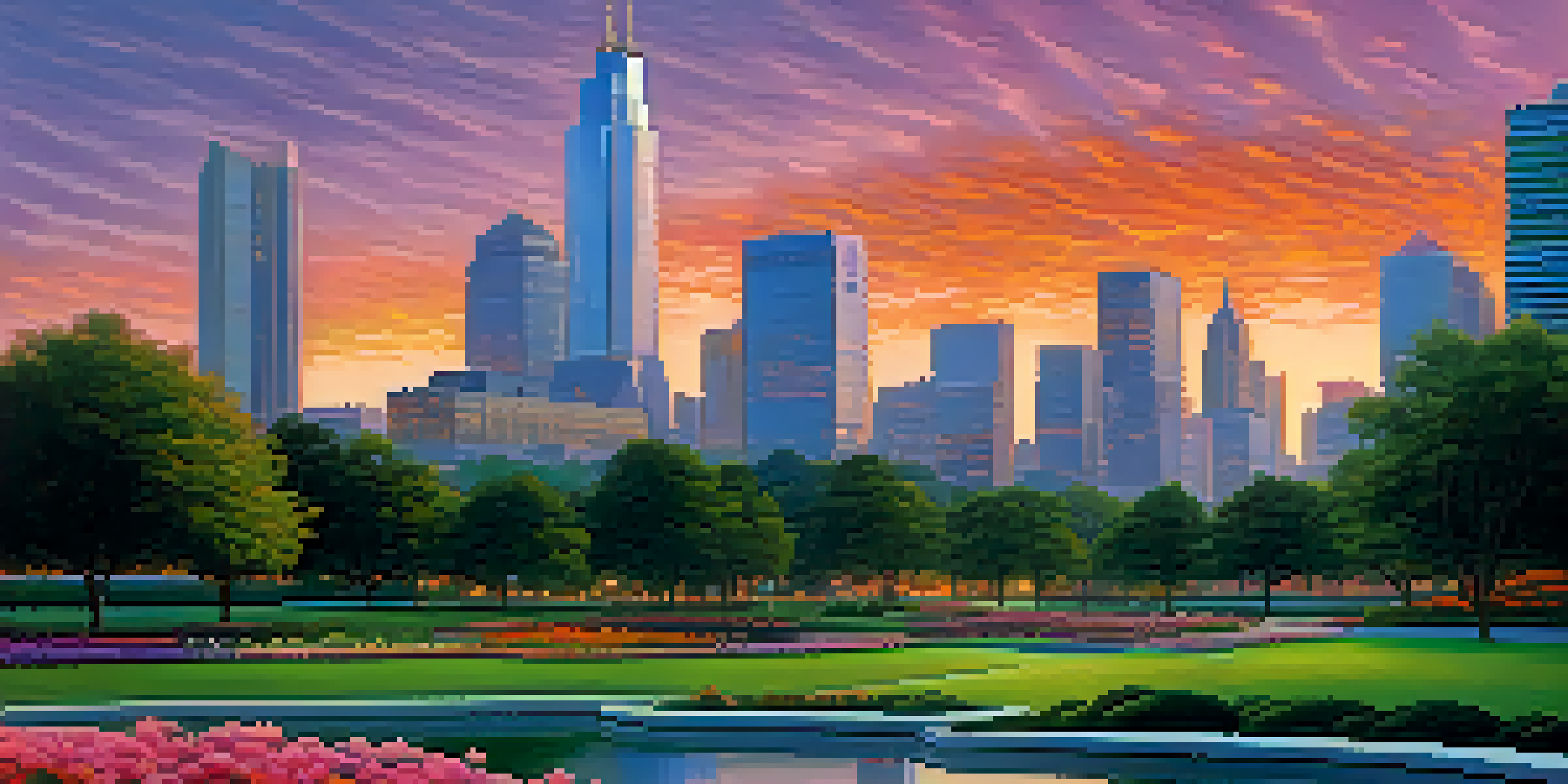 A city skyline at sunset with skyscrapers reflecting vibrant colors and a park in the foreground filled with trees and flowers.