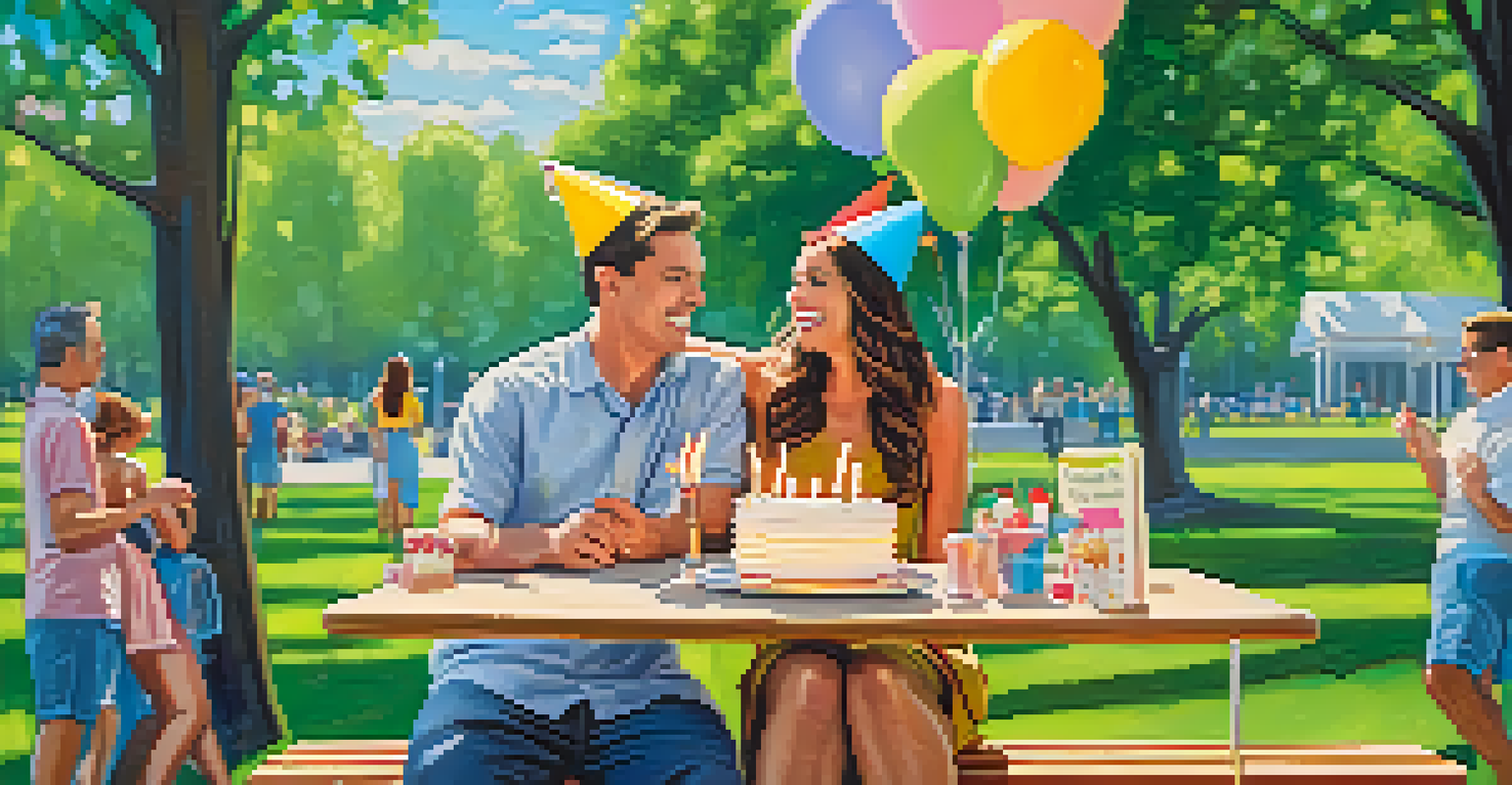 A couple celebrating a financial milestone outdoors with a small cake, balloons, and party hats in a park.