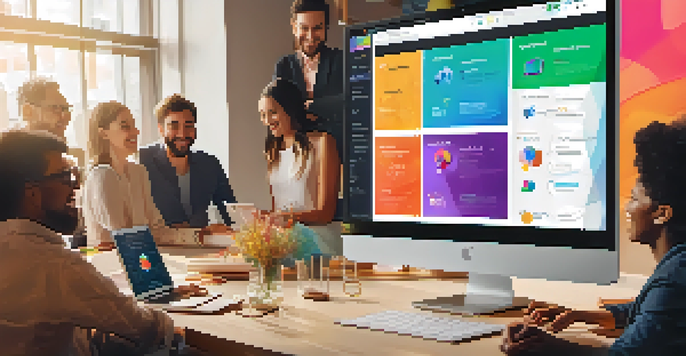 A group of diverse individuals gathered around a laptop, discussing a crowdfunding platform interface that shows colorful project thumbnails and investment graphs.