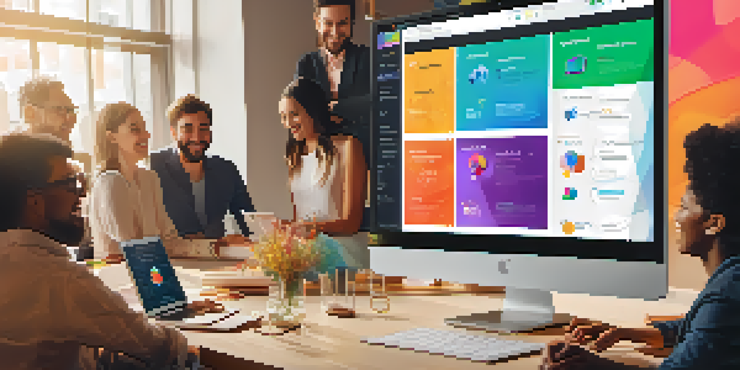 A group of diverse individuals gathered around a laptop, discussing a crowdfunding platform interface that shows colorful project thumbnails and investment graphs.