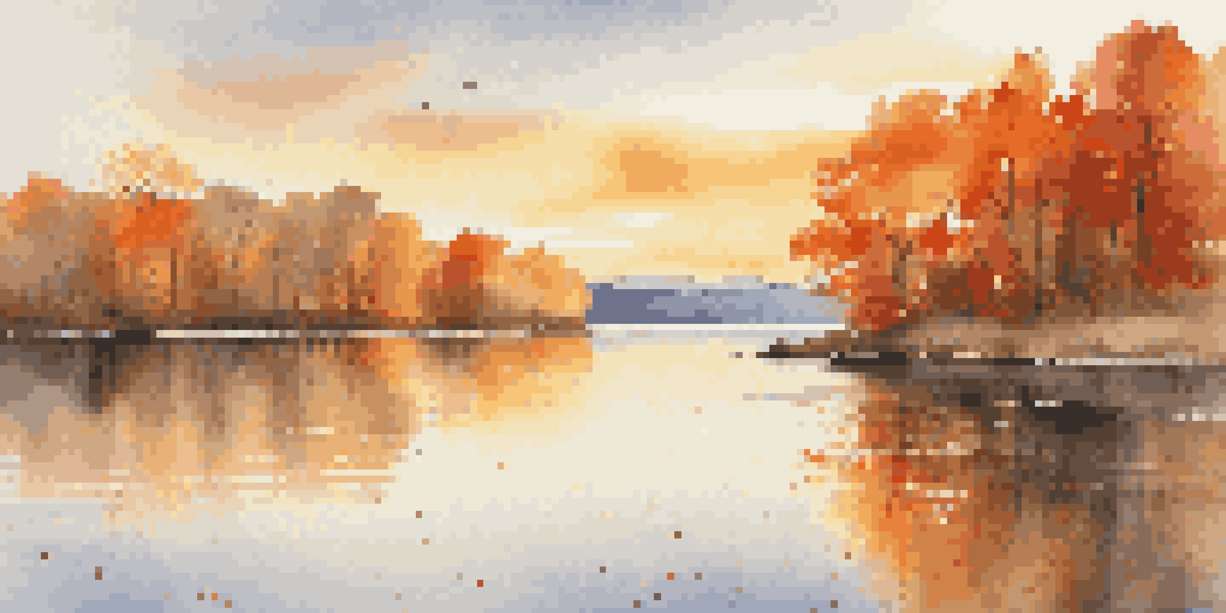 An autumn lake scene with colorful leaves and a sunset reflecting on the water.