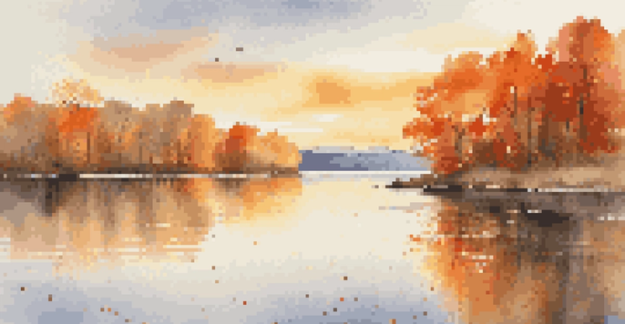 An autumn lake scene with colorful leaves and a sunset reflecting on the water.