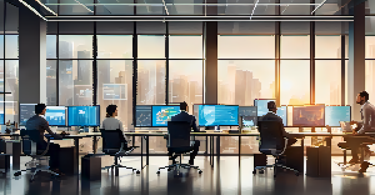 A modern office scene with a diverse team discussing FinTech solutions, surrounded by data analytics displays and natural light.