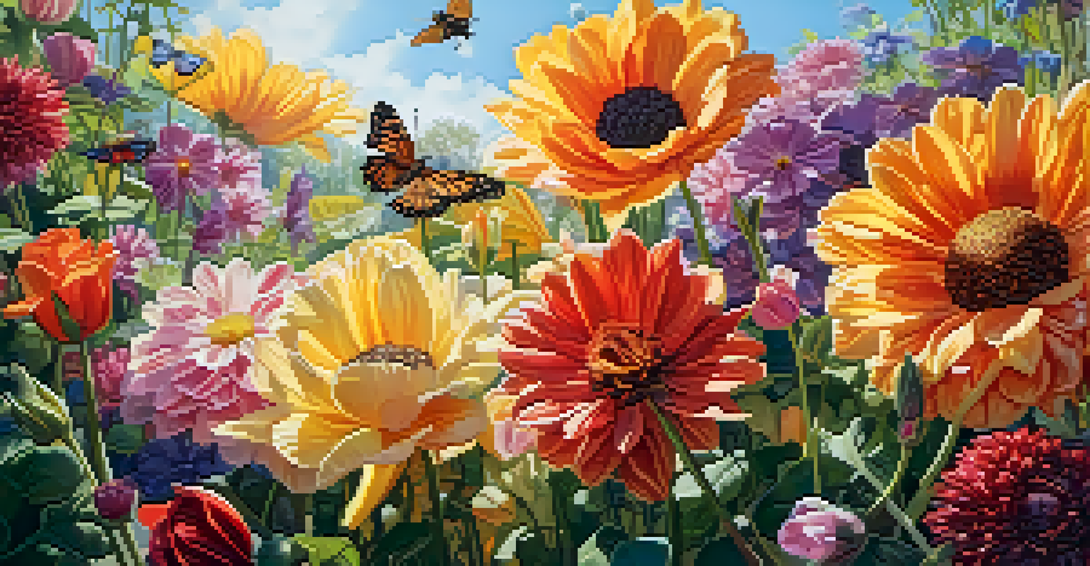 A close-up view of a colorful flower garden with various blooms and insects like bees and butterflies.