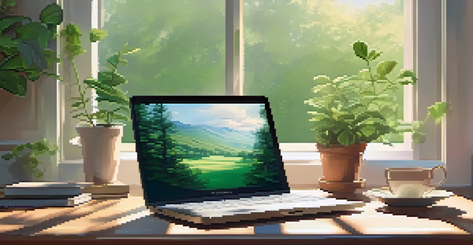 A peaceful workspace featuring a wooden desk with a laptop, notebook, and coffee cup, bathed in natural light from a window, with plants on the sill.