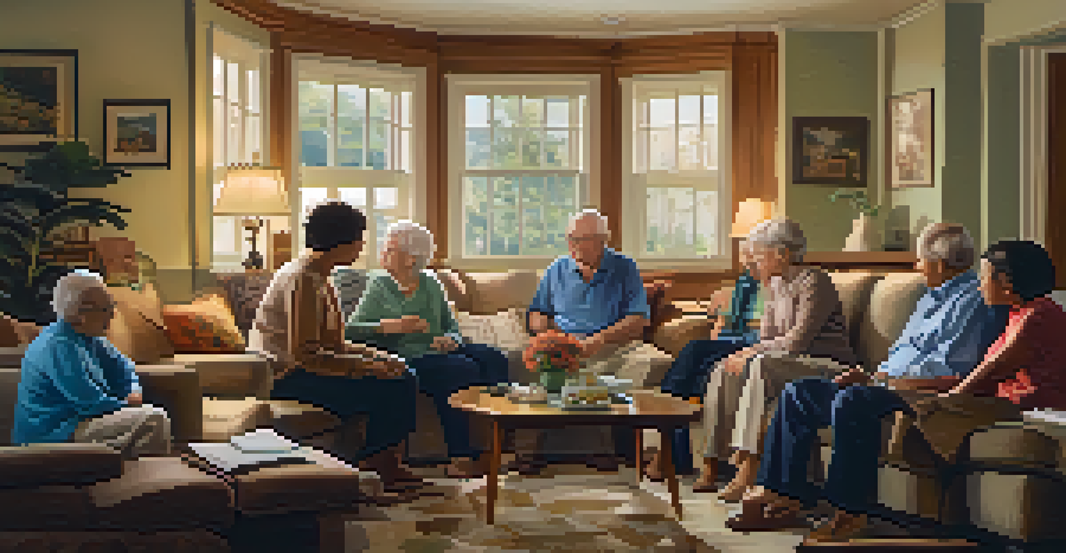 A younger family member explaining investment strategies to an elderly relative in a cozy living room.
