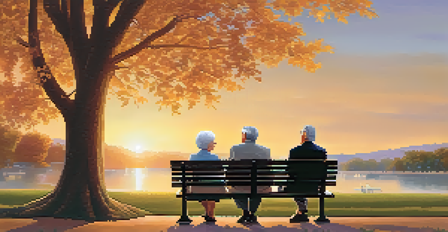 A happy retired couple sitting on a bench in a park at sunset, with a financial brochure beside them.