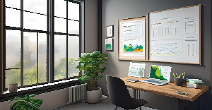 A financial analyst's workspace with a laptop showing data graphs, a notepad, a potted plant, and a cup of coffee, bathed in natural light.