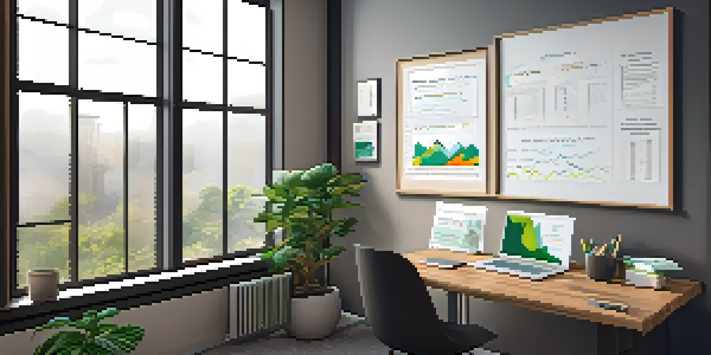 A financial analyst's workspace with a laptop showing data graphs, a notepad, a potted plant, and a cup of coffee, bathed in natural light.