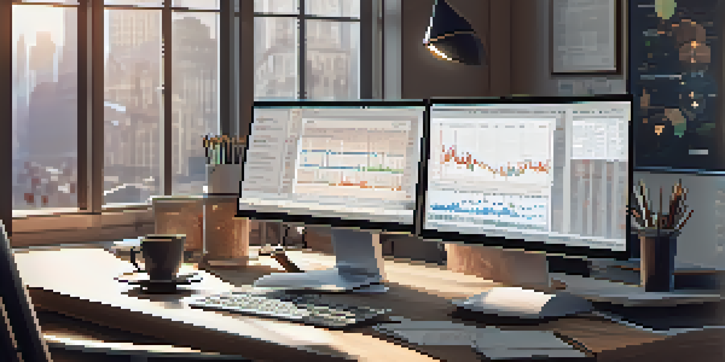 A trader's workspace with multiple computer screens showing stock market data, financial documents, and a coffee cup, illuminated by soft natural light.