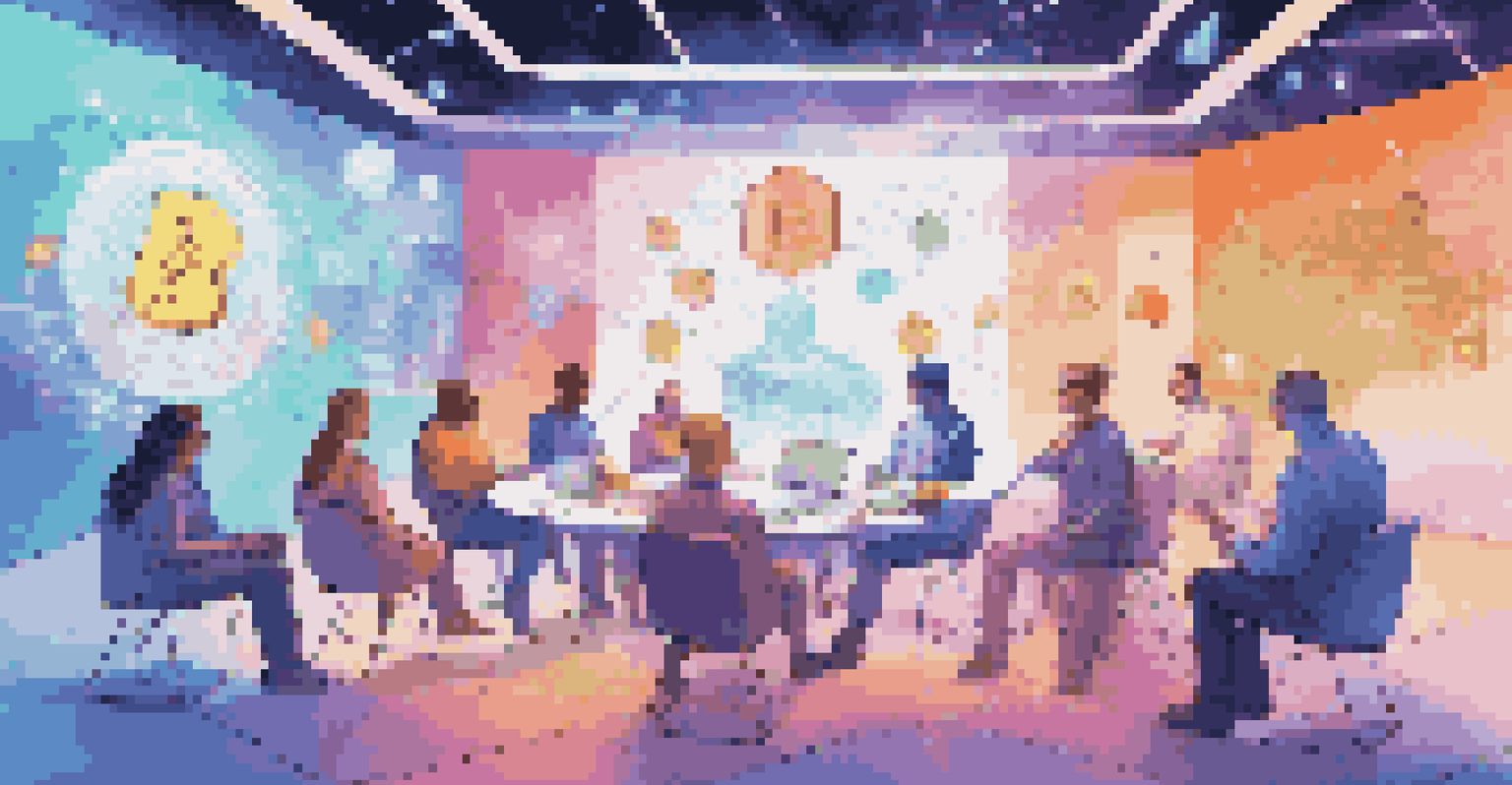 Futuristic virtual brainstorming session with avatars discussing cryptocurrency ideas in a vibrant digital space.