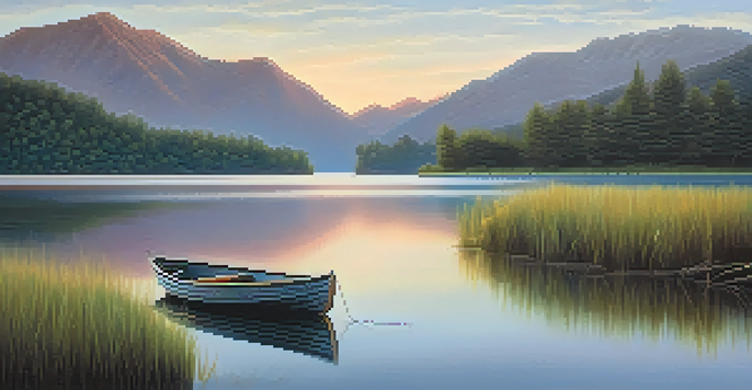 A tranquil lake scene with lush trees and mountains under a pastel sunrise.