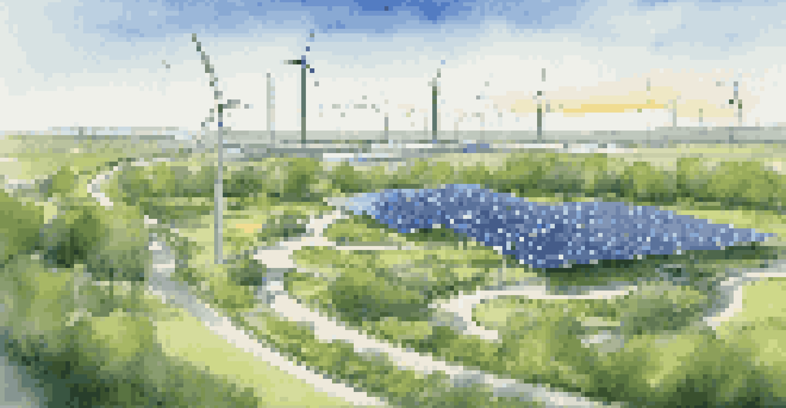 A peaceful landscape with solar panels and wind turbines, surrounded by greenery and a winding path through a park.