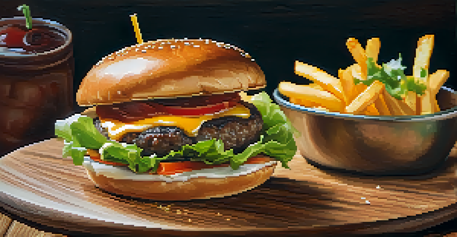 A gourmet burger with fresh ingredients and crispy fries on a wooden plate.