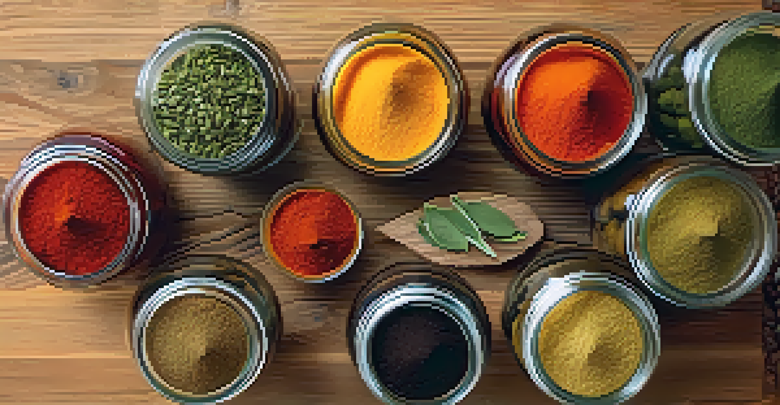 Close-up of various raw spices in glass jars on a wooden table, showcasing vibrant colors and textures.