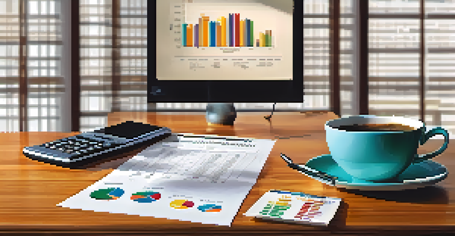Three financial statements displayed on a table with graphs and charts in a cozy office setting.