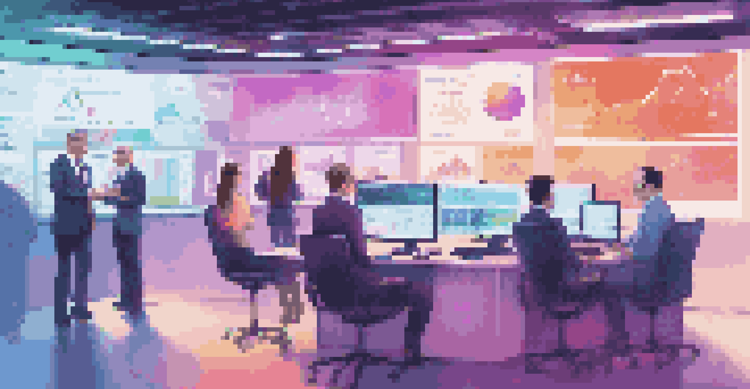 A futuristic digital platform showing secondary market transactions with graphs, surrounded by modern gadgets and diverse investors collaborating.