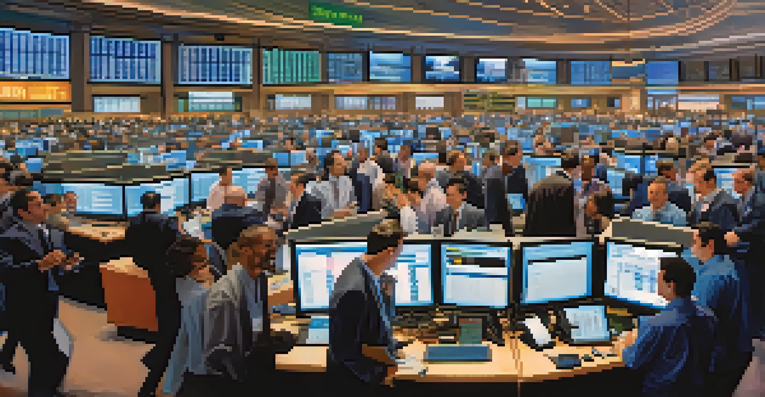 A lively stock market floor with traders and digital screens showing stock prices, symbolizing short-term investing.