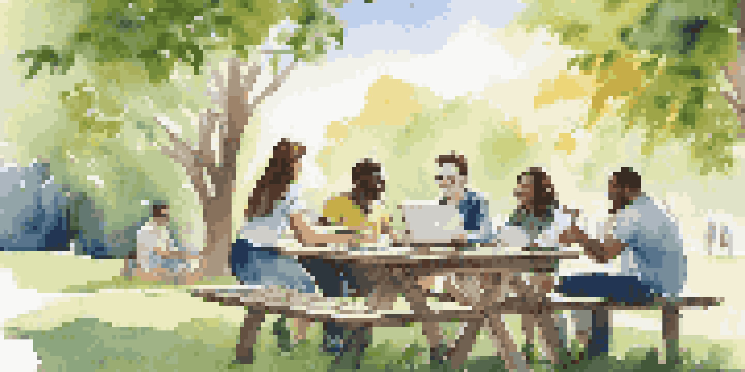 A group of young adults discussing sustainable investing outdoors at a picnic table, surrounded by greenery and sunlight.