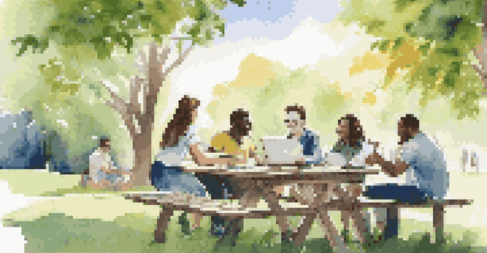 A group of young adults discussing sustainable investing outdoors at a picnic table, surrounded by greenery and sunlight.