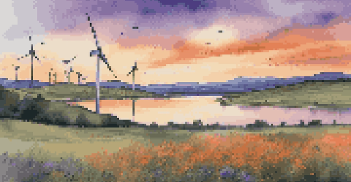 A beautiful sunset over a wind farm with colorful skies and blooming wildflowers in the foreground.