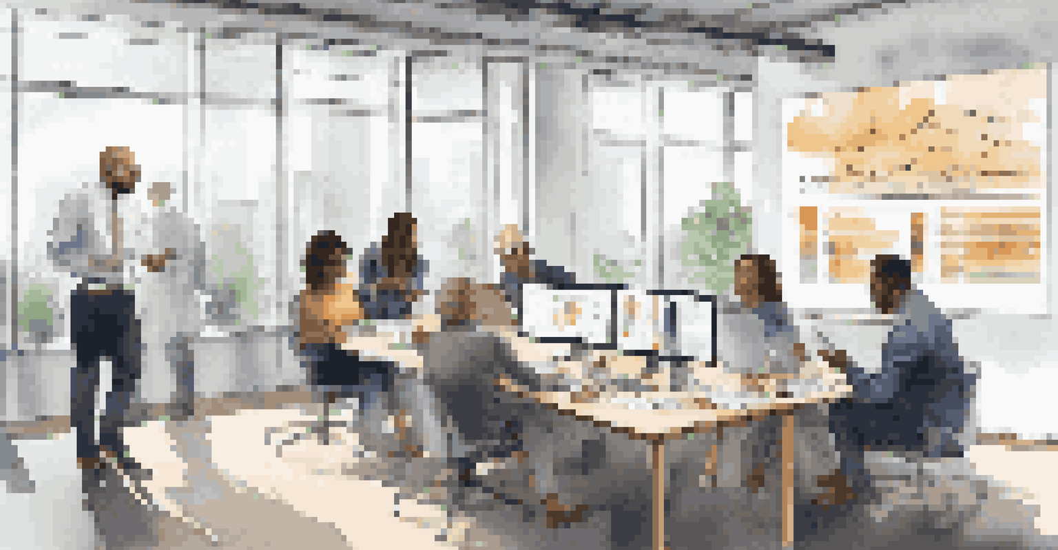 A diverse group of investors discussing impact metrics in a modern office with natural light streaming through large windows.