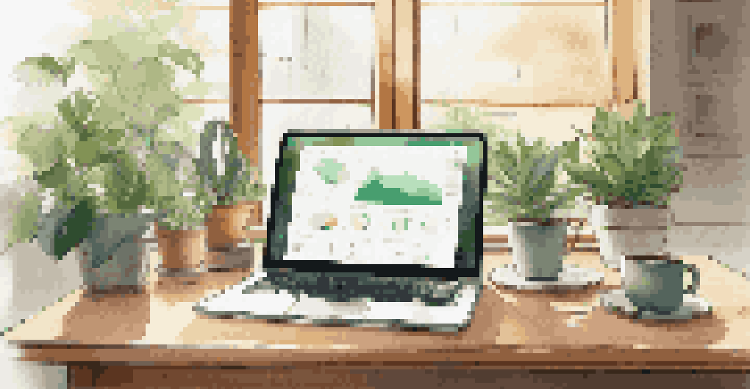 A modern workspace with a laptop displaying financial management software, a notebook, and a coffee cup, surrounded by natural light.