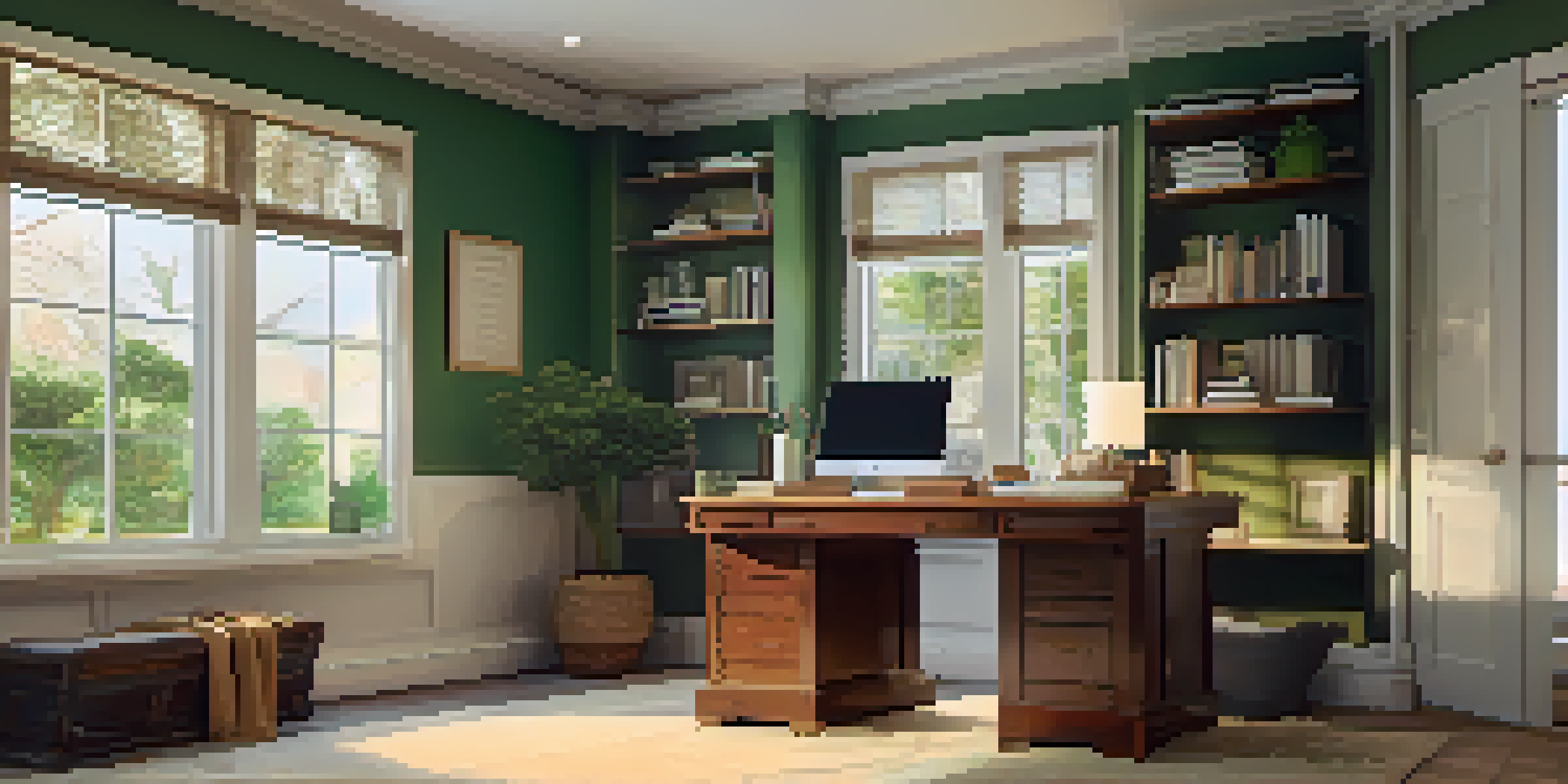 A cozy office space with a wooden desk, a laptop, a notepad, and coffee. A green tree is visible through a window, and motivational quotes are framed on the wall.
